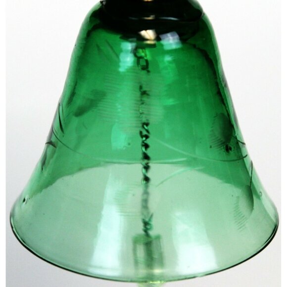 Vintage Green Glass Bell Etched Floral Pattern With Chain Glass Clapper - Picture 9 of 9
